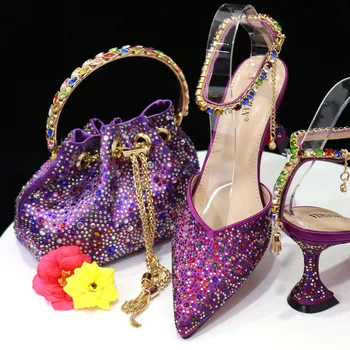 Показывайте очаровательные туфли и сумку в комплекте с фиолетовыми итальянскими туфлями и сумкой, хит продаж, для свадебной вечеринки!  HTG1-6