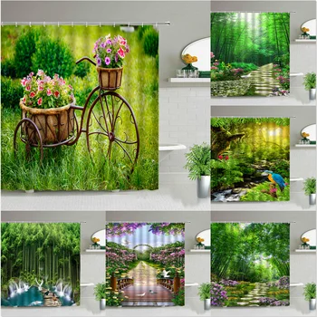 Природный пейзаж Зеленый бамбук Цветок Птицы Растение Занавески для душа Лесной Весенне-летний пейзаж Декор ванной комнаты Комплект тканевых занавесок
