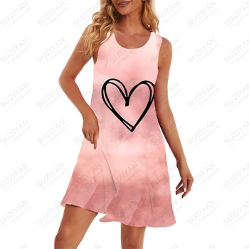 Простое универсальное платье Летнее Высококачественное платье Свободное Повседневное платье с круглым вырезом платье без рукавов платье с 3D принтом в виде сердца