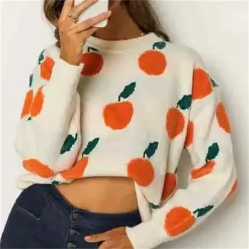 Пуловер, осенне-зимний свитер, оранжевый жаккардовый свитер с длинными рукавами, женская водолазка, вязаный свитер Mujer