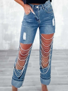 Ранняя весна, джинсы с большими дырками, Женская вешалка на цепочке, брюки с прямыми штанинами, персонализированные джинсовые брюки для уличной стирки, модные женские туфли
