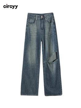 Рваные джинсы для женщин, джинсы с высокой талией, 2023 Новые Синие Свободные джинсовые брюки на пуговицах, Винтажная уличная одежда, прямые широкие брюки