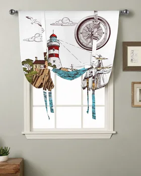 Ретро иллюстрация, маяк, Парусный корабль, Кухня, Короткая занавеска на окне, Современный декор для дома, Маленькое окно, Римские занавески на завязках.