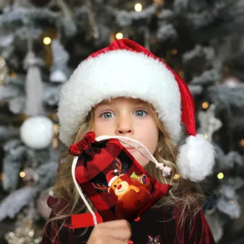 Рождественские красные тканевые сумки с решеткой для подарков, рождественские маленькие сумки на шнурке, упаковка Носков для детей, рождественские украшения