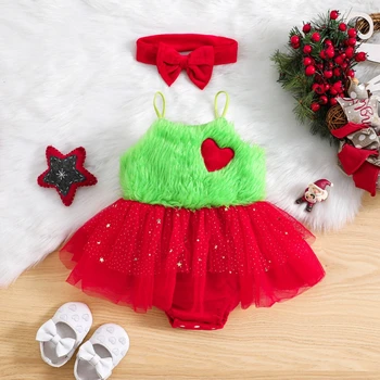 Рождественский наряд для девочки, комбинезон для новорожденных Санта-Клауса, Рождественские флисовые платья принцессы с повязкой на голове, наряды