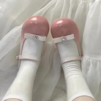 Розовая Мэри Джин Лолита с хрустальным бантом, женская обувь 2023 года, Весна, искусственная кожа, средний каблук, Женские японские туфли для косплея с круглым носком