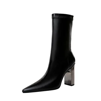 Роскошные модные черные узкие сапоги на толстом металлическом каблуке, высокие каблуки с острым носком, сексуальные зимние короткие сапоги для похудения, женские ботинки