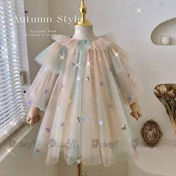 Сверкающие звезды Платье с блестками для маленьких девочек Детская модная одежда из радужного тюля Детский осенний наряд с длинными рукавами Vestido
