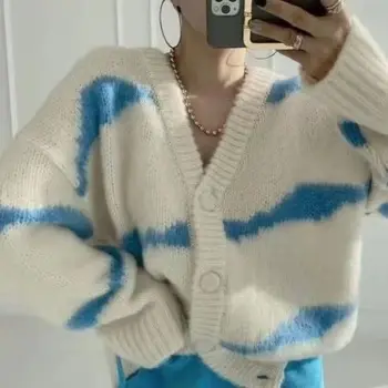 Свитер женский свободный кардиган в корейском стиле с длинными рукавами для верхней одежды 2022 осень-зима новый толстый повседневный вязаный свитер