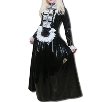 Сексуальные костюмы горничной Кружевное облегающее длинное платье Сисси из ПВХ с длинным рукавом, закрывающееся на замок платье-стойка на шее, униформа горничной, платье для косплея, Фетиш