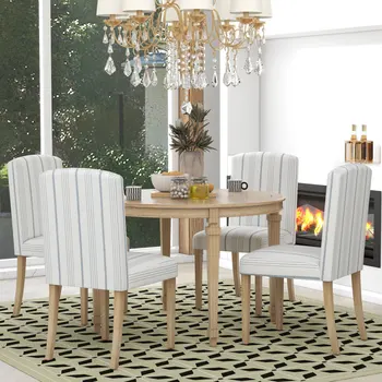 Современный обеденный стол из 5 предметов, круглый стол с ножками из массива дерева и 4 мягких стула с полосатой тканью для столовой