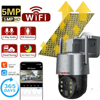 Солнечная камера Tuya Smart 5MP Аккумулятор Беспроводная PTZ Наружное Водонепроницаемое Видеонаблюдение WiFi IP Камера видеонаблюдения с цветной подсветкой