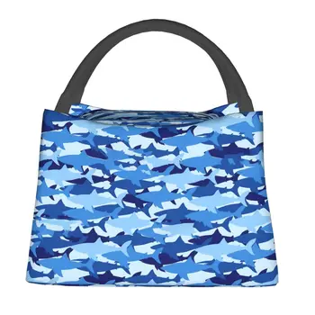 Сумка для ланча Blue Shark с животным принтом Удобный ланч-бокс для пикника на открытом воздухе Графическая сумка-холодильник для отдыха Водонепроницаемые сумки-тоут для еды