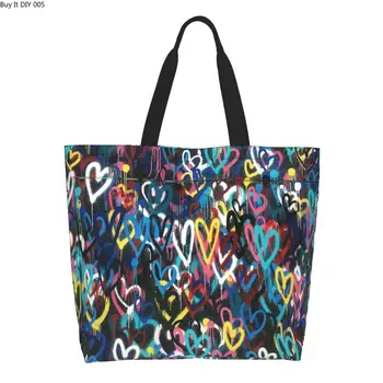 Сумка для покупок с граффити в виде сердца, женская сумка для покупок на холсте Kawaii Banksy Street Art, сумки для покупок через плечо, сумка большой емкости