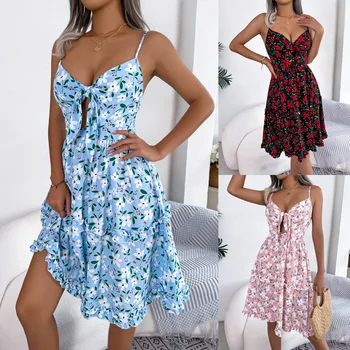 Съемка в режиме реального времени Европейской и американской весны и лета, повседневного платья с цветочным галстуком-бабочкой и деревянным ремешком для ушей, женской одежды Amazon