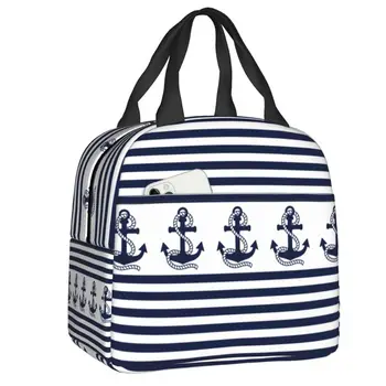 Темно-синий якорь в морскую полоску, термоизолированная сумка для ланча, женский контейнер для еды для детей, коробка для Бенто для школьников