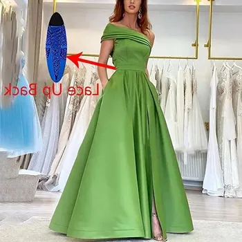 Темпераментная юбка-качели большого размера, зеленый высокий разрез, сексуальная пышная юбка, атласное платье с одним плечом, вечернее платье