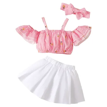 Топ с короткими рукавами и цветочным принтом в полоску для детей дошкольного возраста + комплект из белоснежной юбки, платья для больших девочек, сырное платье