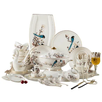 Цзиндэчжэньский костяной фарфор 60 столов и тарелок, покрытых позолотой, набор бытовых ярких подарков в европейском стиле