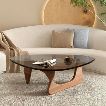 Чайный столик из закаленного стекла в скандинавском стиле, приставной столик для домашней гостиной, журнальный столик с ножкой из цельного дерева, простой угловой столик с татами на балконе