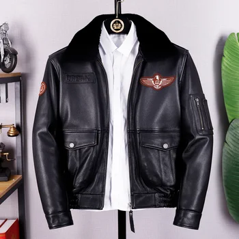 Черная зимняя мужская куртка пилота в стиле милитари большого размера 5XL из натуральной толстой воловьей кожи, короткие авиационные пальто из натуральной кожи.