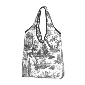 Черно-белая сумка для покупок Toile De Jouy, женская сумка для покупок с французскими мотивами, цветочная сумка для покупок, большая сумка