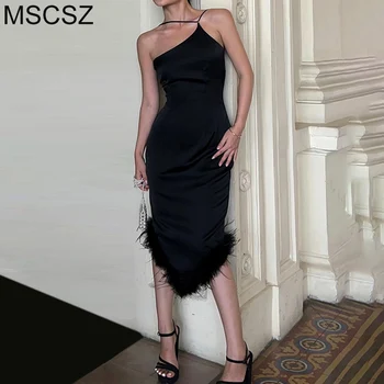 Черное атласное вечернее платье с перьями на тонких бретельках, облегающее платье Миди с открытой спиной, элегантное вечернее платье для женщин 2023 г.