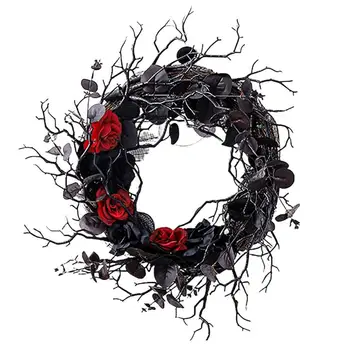 Черный Венок на Хэллоуин, Подвесная дверь из розы, Креативное кольцо из сухостоя, ротанга, украшение для дома, Настенное украшение входной двери