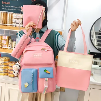 Школьная сумка из 4 предметов с радужным украшением, кавайные школьные сумки для девочек, модная женская сумка с несколькими карманами, школьные сумки для девочек