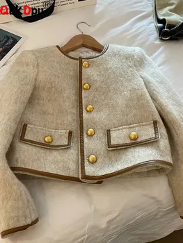 Элегантные Толстые Шерстяные укороченные куртки Корейские женские Однобортные теплые пальто с круглым вырезом, короткая жакета на хлопковой подкладке