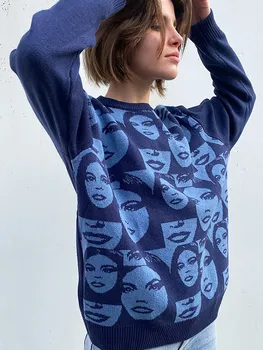  Эстетика женской моды, европейский женский рисунок лица, круглый вырез, свободный повседневный свитер, пуловер Y2K, осенние и зимние модели